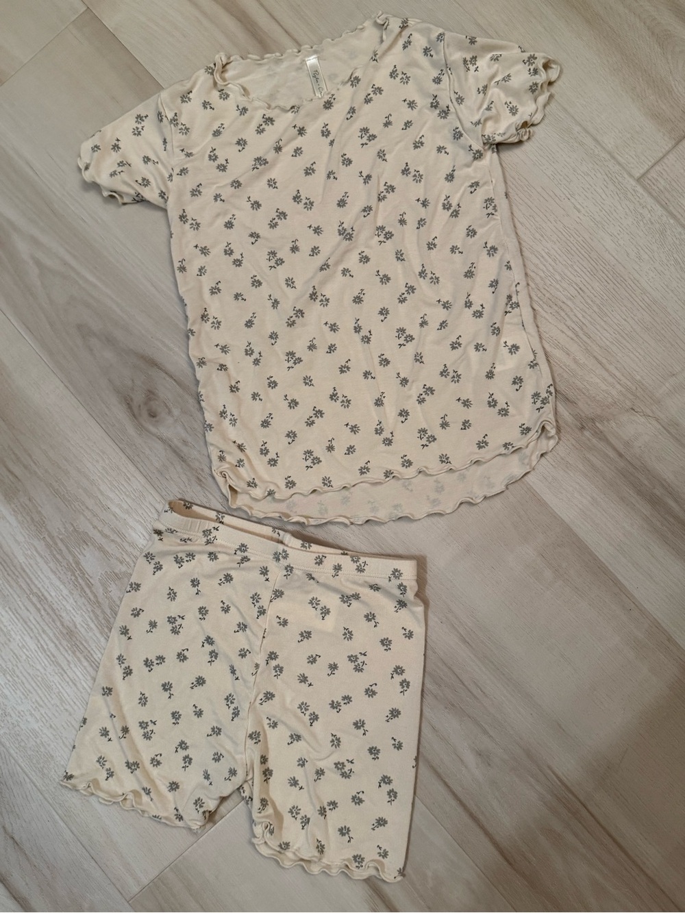 Girls Cream Floral Short Pajama Set - Soft Short Sleeve Tee & Shorts